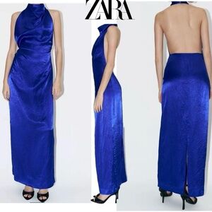 Zara women collection blue wrinkle satin effect open back halter top maxi dress